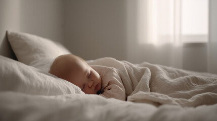 Baby Sleeping Peacefully on White Bed in Bright Room