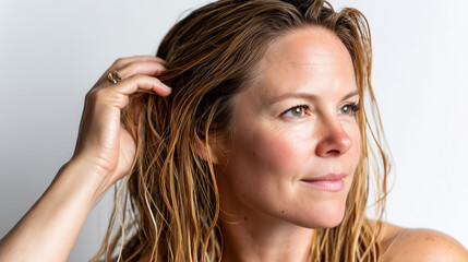 Natural Light Woman Touching Hair Close Up Portrait