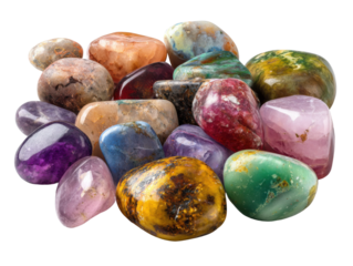 Colorful gemstones display natural setting photography close-up. Isolated on transparent background, png.