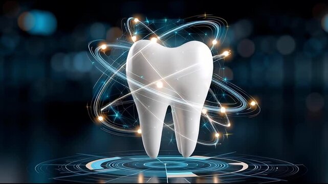 Conceptual Illustration of a Tooth Surrounded by Digital Elements and Light Effects