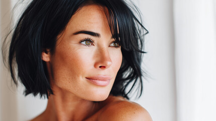 Bright Young Woman with Short Black Hair Looking Out Window Natural Light
