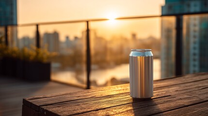 Beverage Can Mockup on a Rooftop Patio Table at Sunset
