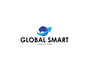 abstract circular logo with global and brain concept, digital media, logo design illustration.