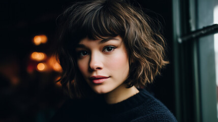 Young Woman With Wavy Brown Hair Looking Confident Near Window