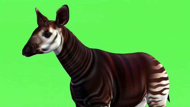 Rare Okapi with Distinctive Zebra Stripes Against Green Screen for Easy Compositing