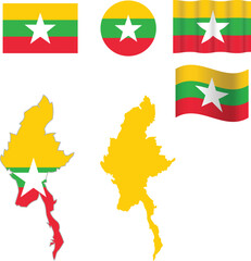 Myanmar flag and map set. Myanmar flag in official colours and proportions. independence day 4 January, map, circle and wavy  shaped Myanmar.