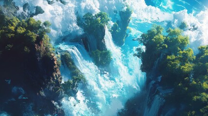 Lush, aerial view of fantastical waterfalls