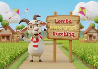 Goat Coloring Contest Invitation: A 3D Rendered Cartoon Goat Invites You to a Fun Event in a Rural Setting.