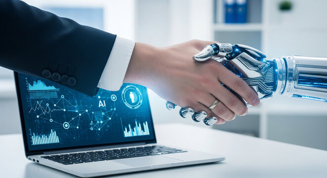 Man's hand shakes cyborg's hand, human-artificial intelligence interaction through laptop screen. Future artificial intelligence of robots and cyborgs. Research on artificial intelligence of robot 