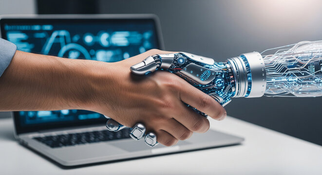 Man's hand shakes cyborg's hand, human-artificial intelligence interaction through laptop screen. Future artificial intelligence of robots and cyborgs. Research on artificial intelligence of robot  - Powered by Adobe