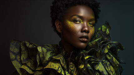 Elegant Black Woman Wearing Glowing Green Makeup and Ruffled Fashion