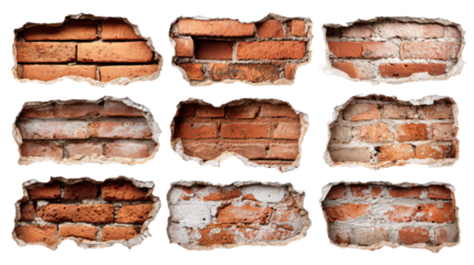 Destruction and repair of brick walls urban setting image series. Isolated on transparent background, png.