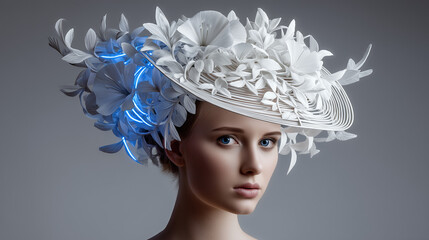 Elegant Woman Wearing White Floral Hat with Blue Light Accents