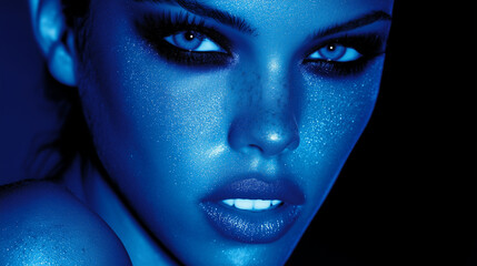 Close Up Blue Portrait of Woman with Glitter Makeup in Dark Studio