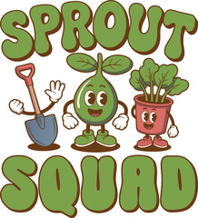 Sprout Squad – Retro Wavy Groovy SVG Typography T-Shirt Design Celebrating Growth, Friendship, and Playful Nature Vibes