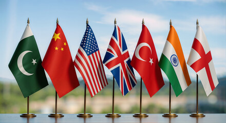 International Summit Concept with Flags of Pakistan, India, China, USA, UK, England, and Turkey