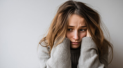 Young Woman with Worrying Expression Wearing Gray Sweater in Studio