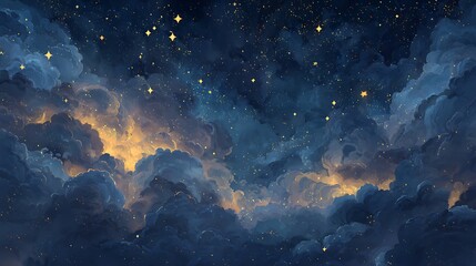Fototapeta premium Enchanting night sky with golden stars and luminous clouds in a painting