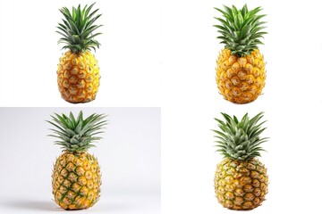 Four pineapples showcase textured skin & green crown. Different angles against white backdrop