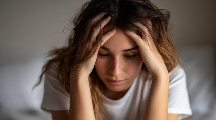 Young Woman Holding Head in Stressful Moment Indoor