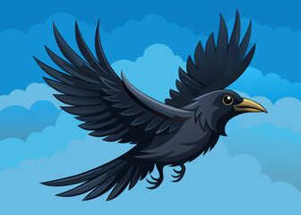 Fototapeta premium A stylized black crow with outstretched wings soars through a cloudy blue sky