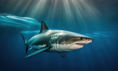 Obraz premium Great white shark swims in sunlit ocean depths