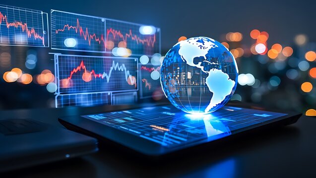Futuristic digital globe and financial data displayed on a tablet screen