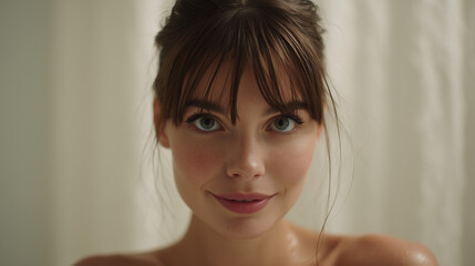 Young Woman with Wet Skin and Bright Blue Eyes Standing in Soft Light