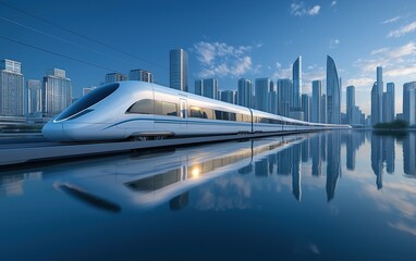 Futuristic high-speed train with streamlined silver design reflecting on water surface against modern city skyline and blue sky with clouds, showcasing advanced Chinese transportation technology