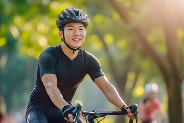 Smiling young man cycling in a park