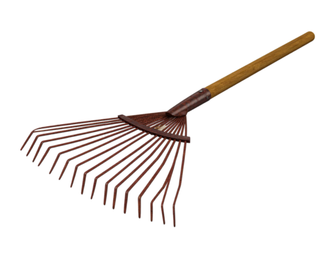 Rusty garden rake isolated on white