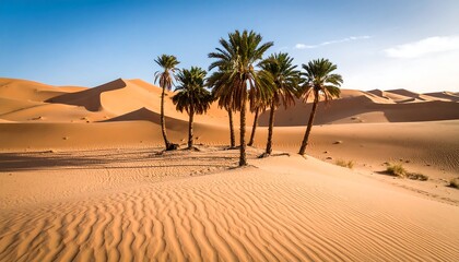 Palm trees in the desert sand dunes.  Sunrise or sunset