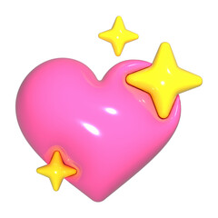 3D Pink Heart Icon with Yellow Sparkles Isolated on Transparent Background