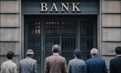 Obraz premium Group stares at Bank doors; facade is grey and metal