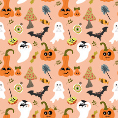 Vector Seamless pattern with kawaii ghost, bat, pumpkins, poison candy apple, mushrooms on pastel pink background for Halloween. For prints, packaging, backdrops, stickers, posters,spooky decorations.
