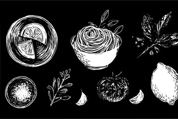 Still life sketch with pasta in bowl, lemon slices, tomato, herbs and garlic on a black background