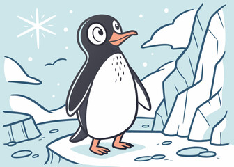 Obraz premium Cute cartoon penguin standing on ice with icy background