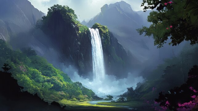 Lush valley with waterfall - Powered by Adobe