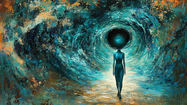 Walking confidently toward an unseen cliff, blindfolded by thoughts, embodying a cognitive blind spot with emotional depth