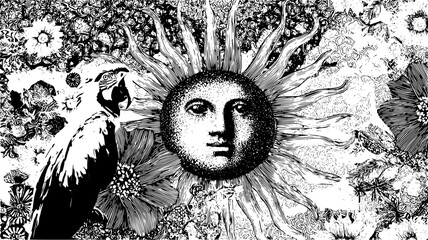 An artistic black and white illustration of a parrot, sun face, and floral arrangements design