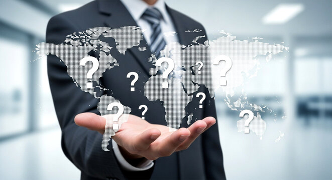 A businessman holding a world map with question marks in his hand in an office setting