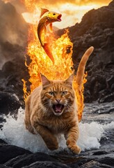 Fiery Cat with Fish: A surreal image of an orange cat ablaze with flames, leaping triumphantly through water towards a flaming fish. The cat's expression shows determination.  Ai generated image