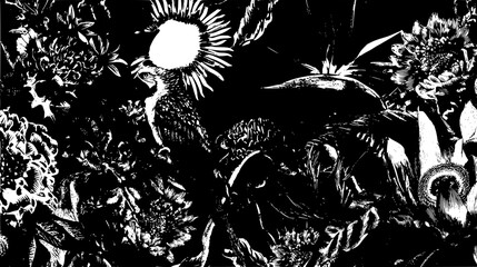 A monochrome floral arrangement with a bird perched among the blooms in a high contrast black and white style