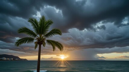 Dark storm cloud over coastal town, palm tree bent by wind, hurricane season