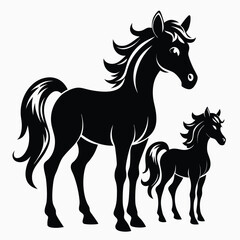 Elegant Silhouette of a Mare and Foal Horse Pair Depicted with Graceful Lines and a Sense of Familial Bond