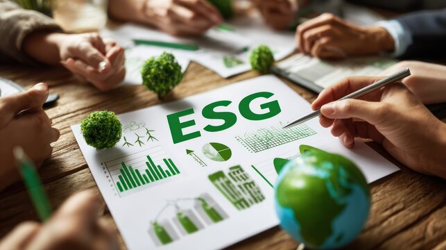 ESG Strategies: A close-up view of business professional hands engaging with environmentally and socially conscious documents, including charts, graphs, and a globe emphasizing responsible governance. - Powered by Adobe