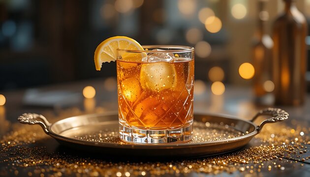 A Gold Rush cocktail showcasing a deep amber hue with a lemon twist and a single,presented on a polished antique brass tray amidst scattered golden glitter and warm, out-of-focus fairy lights. 