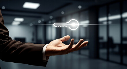 A man in a suit holds a glowing key above his open hand in a modern office environment setting scene