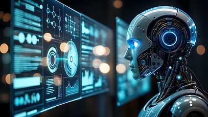 Advanced ai robot analyzing complex data on futuristic holographic screens