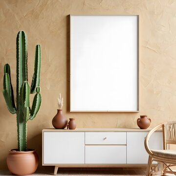 Modern desert home decor with a tall green cactus in a terracotta pot next to a white sideboard and a blank framed picture on a textured wall